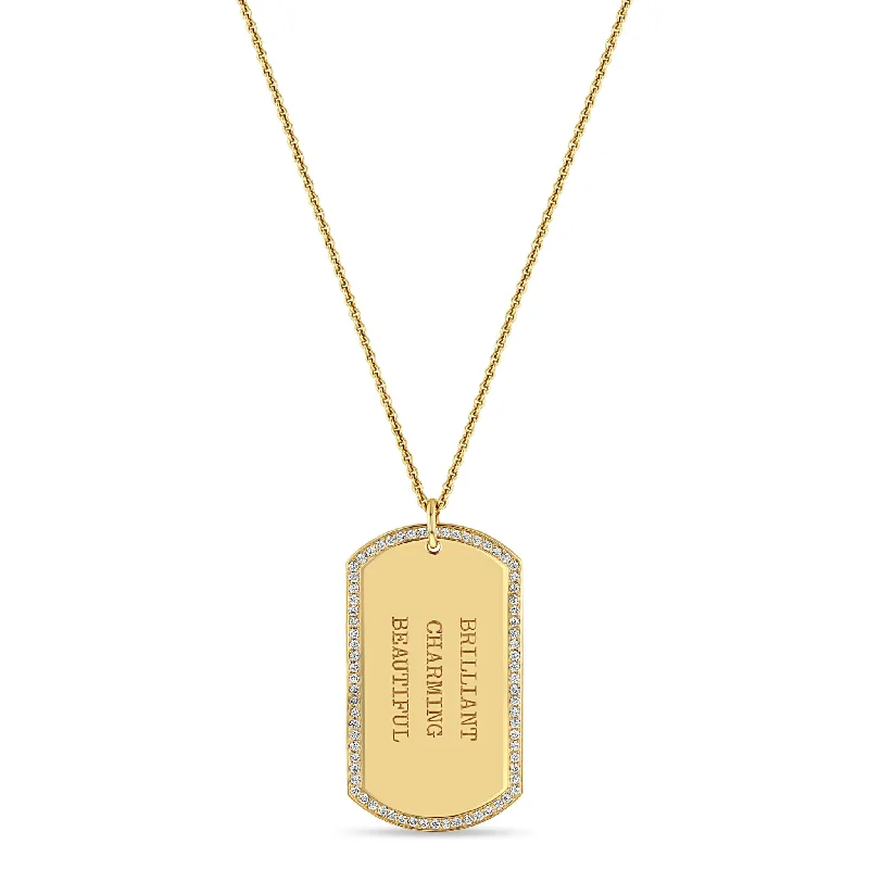 cute necklace for teenage girls -14k Large Engraved Dog Tag with Pavé Diamond Border Necklace