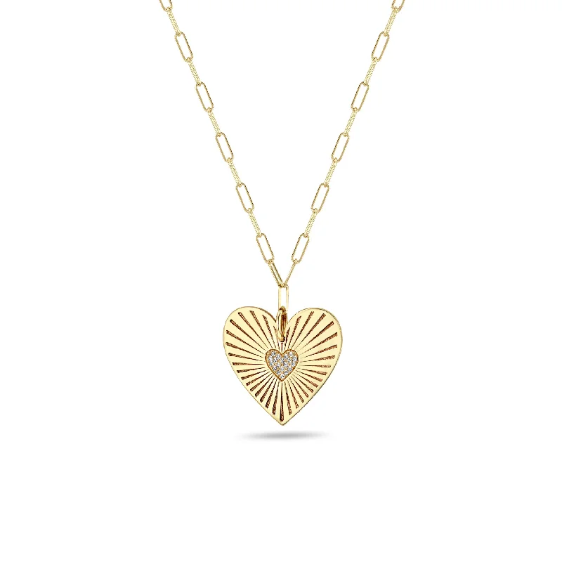 gemstone necklace for women -14k Large Pavé Diamond Radiant Heart Medallion on Small Paperclip Chain