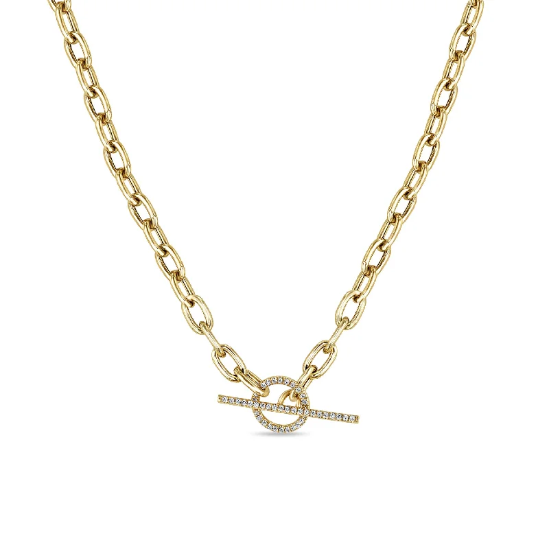 simple chain necklace for women -14k Large Square Oval Link Chain Pavé Diamond Toggle Necklace