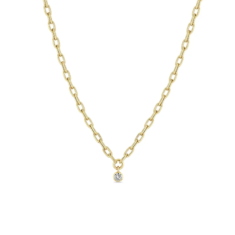 long necklace for layering -14k Medium Square Oval Link Dangling Diamond Bezel Necklace