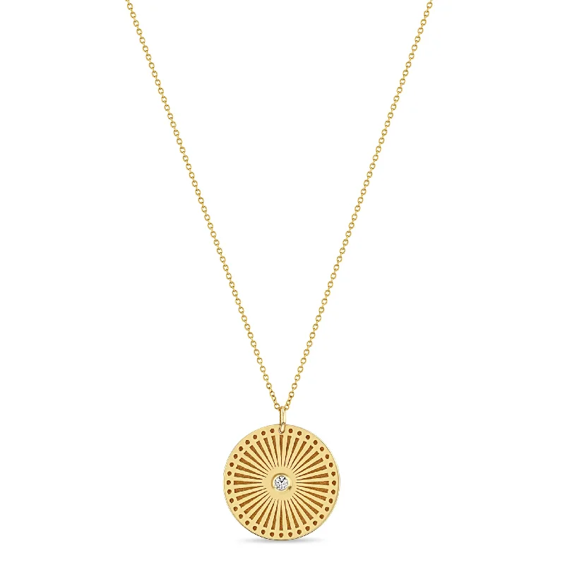 initial necklace for women -14k Medium Sunbeam Medallion Diamond Bezel Necklace