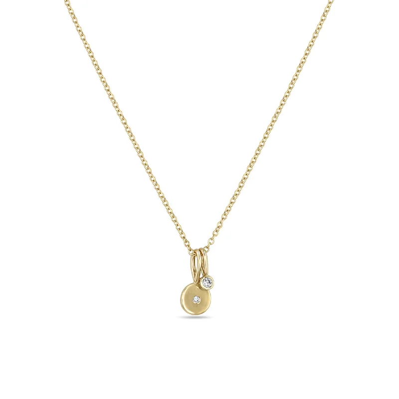 simple gold necklace for men -14k Midi Bitty Diamond Disc & Diamond Bezel Charm Necklace