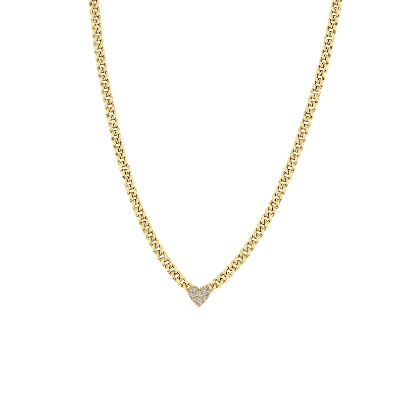 birthstone necklace for birthday gifts -14k Midi Bitty Pavé Diamond Heart Small Curb Chain Necklace