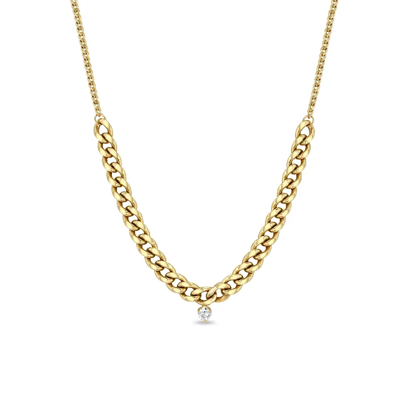 luxury pearl necklace for brides -14k Mixed XS & Medium Curb Chain Station Necklace with Dangling Prong Diamond