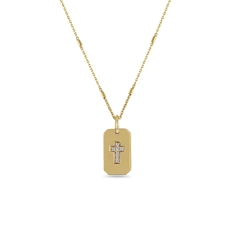 contemporary pendant necklace for women -14k Pavé Diamond Cross Small Square Edge Dog Tag Necklace