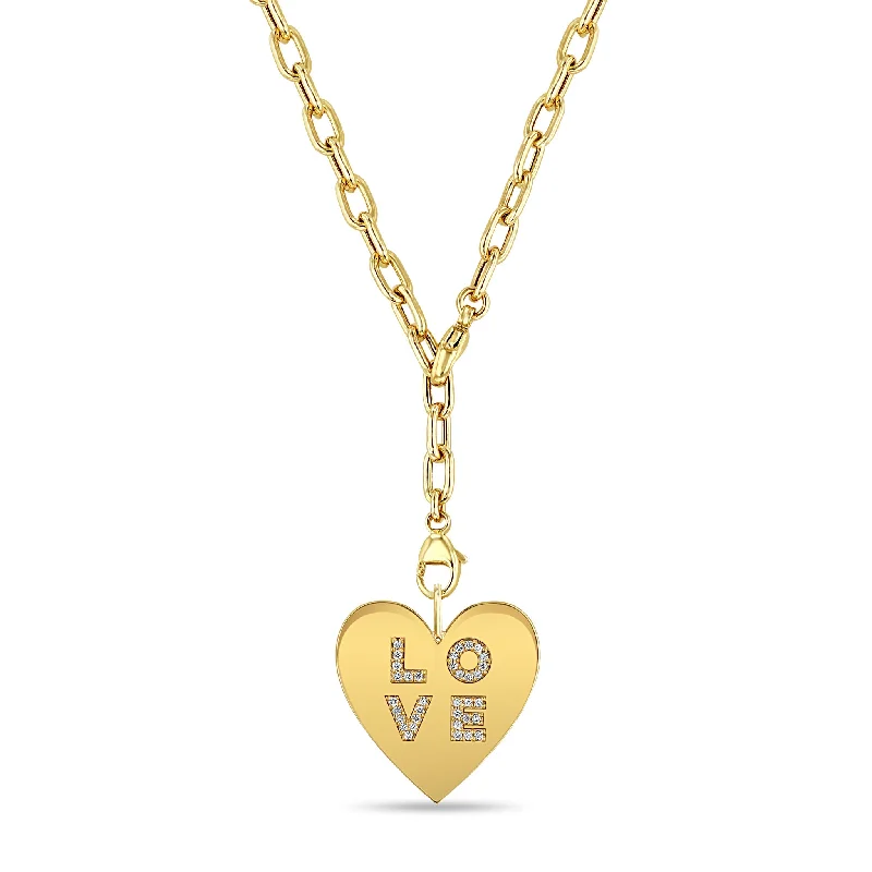 birthstone necklace for women -14k Pavé Diamond LOVE Heart on Adjustable Medium Square Oval Chain