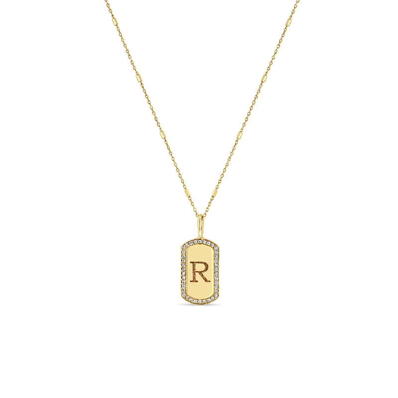 flower pendant necklace for women -14k Engraved Initial X-Small Pavé Diamond Dog Tag Necklace