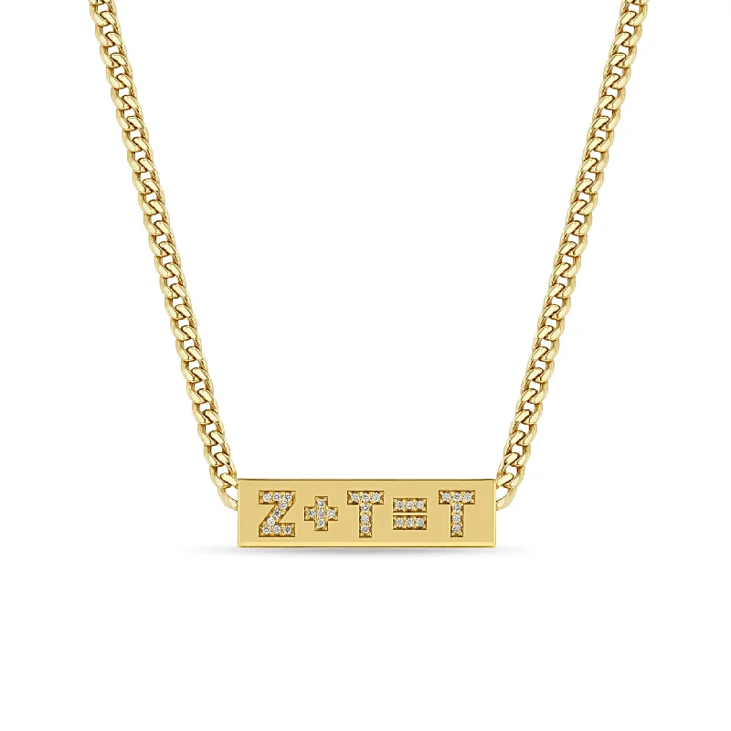 silver and gold necklace for layering -14k Curb Chain Pavé Diamond Initial Equation ID necklace