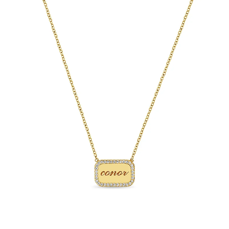 vintage necklace for women -14k Personalized Rounded Rectangle Diamond Border Nameplate Necklace