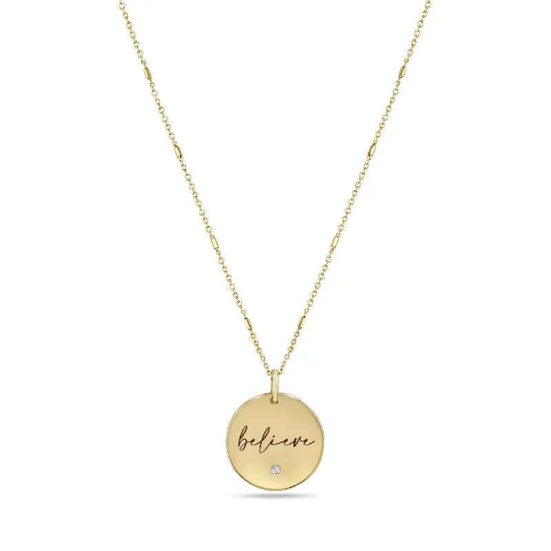 long necklace for layering -14k Small "believe" Disc Pendant on Bar & Cable Chain Necklace