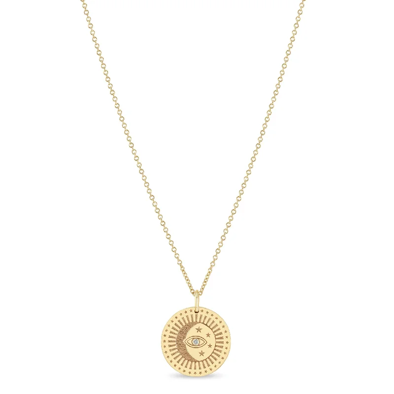 simple necklace for special occasions -14k Small Celestial Protection Medallion with Diamond Necklace