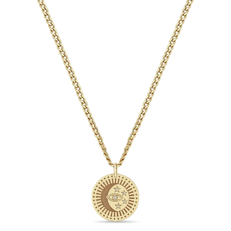 tribal style necklace for men -14k Medium Celestial Protection Medallion with Diamonds on Small Curb Chain