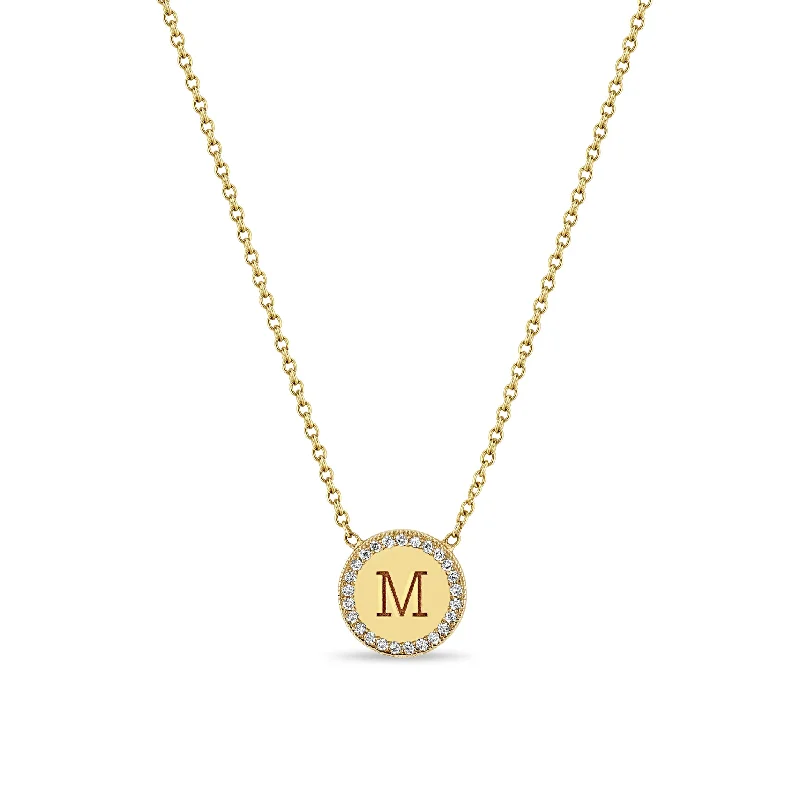 luxury necklace for special occasions -14k Small Engraved Initial & Diamond Halo Disc Necklace