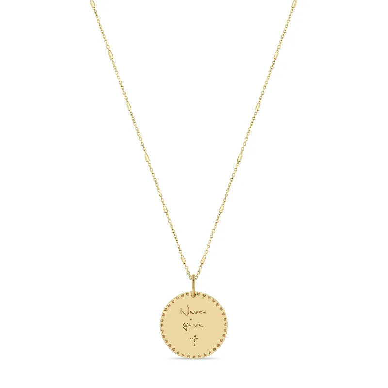 simple gold necklace for men -14k Small Mantra Heart Border Necklace on Tiny Bar & Cable Chain