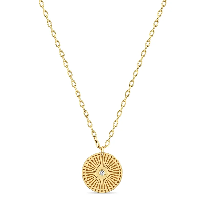 luxury gold necklace for women -14k Medium Sunbeam Medallion on Small Square Oval Link Chain