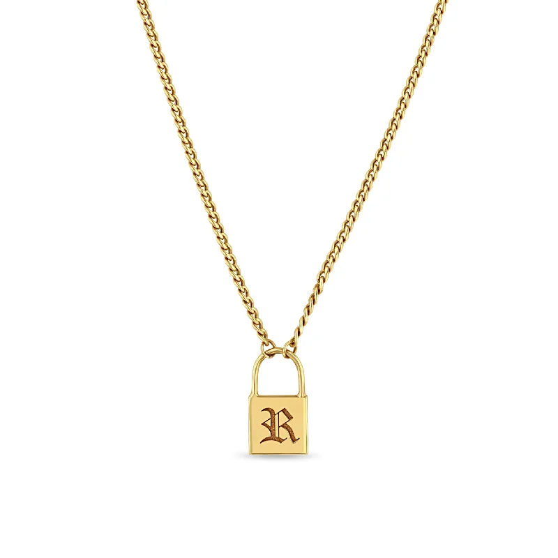 personalized pendant necklace for moms -14k Old English Initial Small Padlock XS Curb Chain Necklace