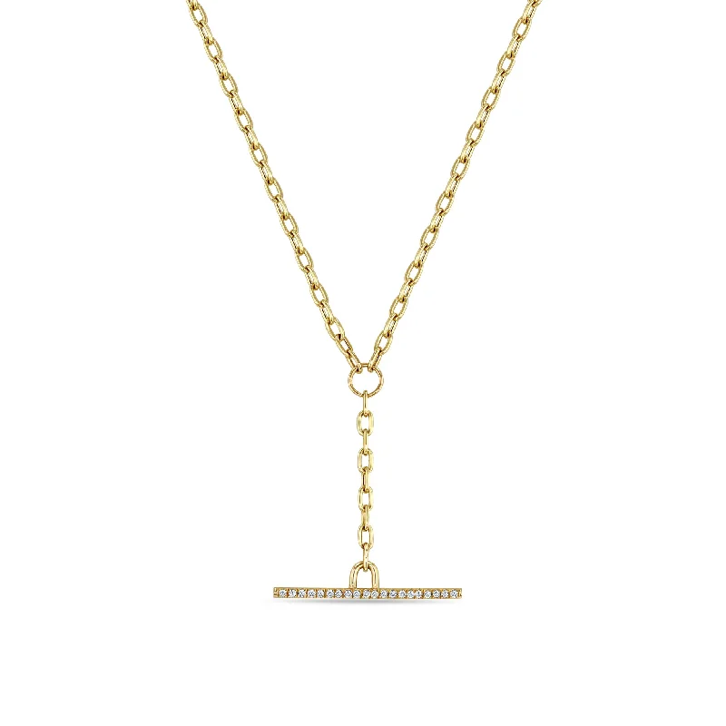 elegant gold necklace for special occasions -14k Small Square Oval Chain Pavé Diamond Faux Toggle Lariat Necklace