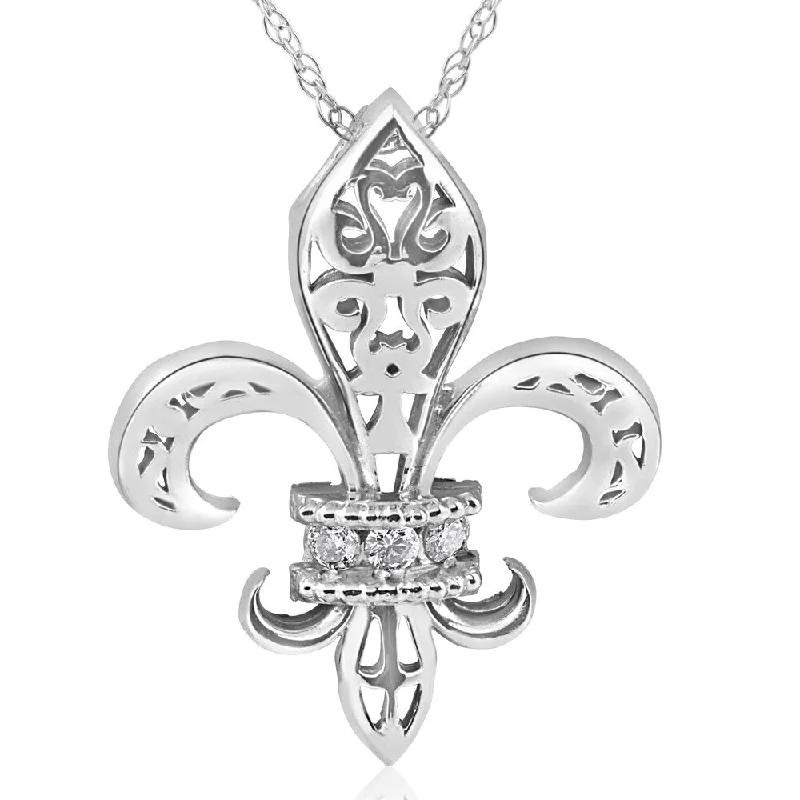 pearl and diamond necklace for women -14K White Gold 1/10 ct TDW Vintage Fleur De Lis Pendant 1" Tall (I-J, I2-I3)