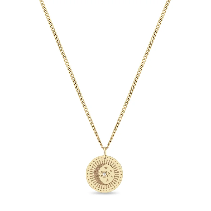 pendant necklace for everyday wear -14k Small Celestial Protection Medallion with Diamond on XS Curb Chain