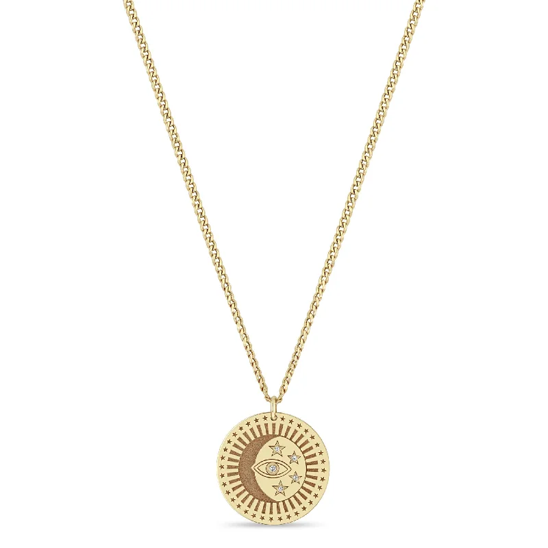 spiritual necklace for women -14k Medium Celestial Protection Medallion with Diamonds on XS Curb Chain