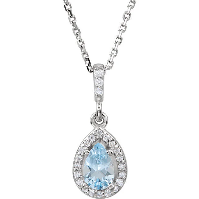 tribal style necklace for men -14k White Gold Aquamarine Pear Teardrop & Diamond Halo Necklace