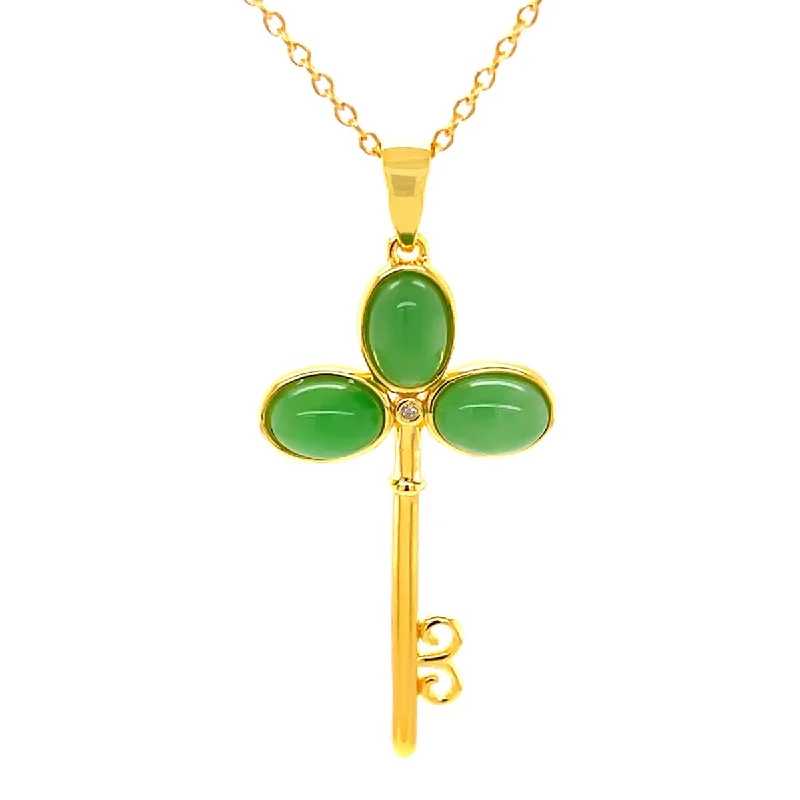 two-tone necklace for women -18k Yellow Gold Over Sterling Silver, Dyed Green Jade and Diamond Gemstone " Key "Pendant