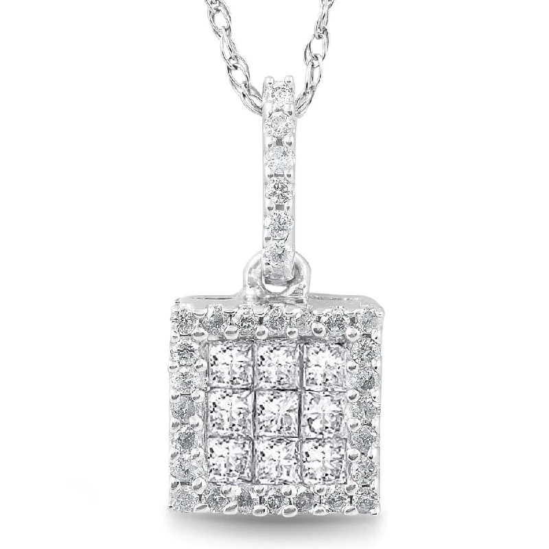 silver and gold necklace for layering -3/8 cttw Princess Cut Pave Diamond Halo Pendant White Gold 3/4" Tall