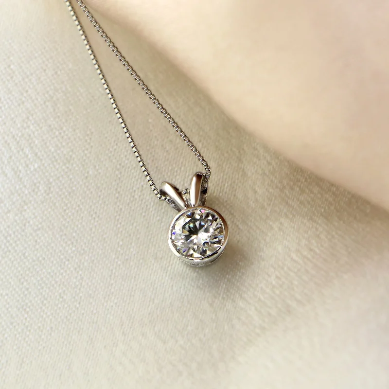 crystal necklace for weddings -Auriya Platinum 1/2ct TW Round Bezel-set Moissanite Necklace Solitaire - 5 mm - 5 mm