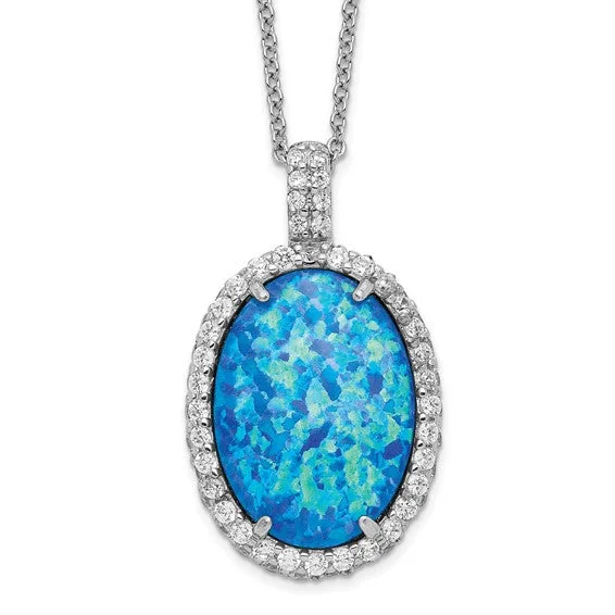 turquoise necklace for men -Cheryl M Sterling Silver Blue Oval Opal & CZ Halo Pendant Necklace