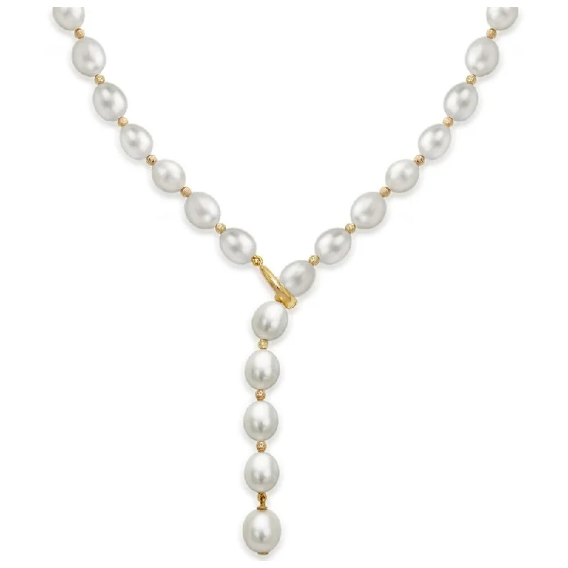 polished silver necklace for men -DaVonna 14k Yellow Gold 8-9mm Freshwater Pearl Adjustable Y Necklace, 19.5"