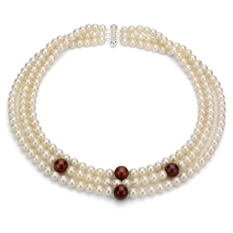 simple gold necklace for men -DaVonna Silver 3-row White and Brown FW Pearl Necklace (6-11 mm)