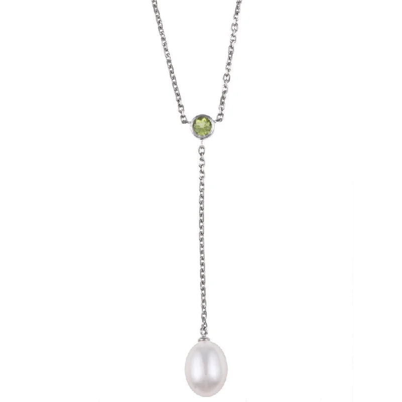 elegant pearl necklace for events -DaVonna Silver Chian with White FW Pearl and Peridot Necklace (8.5-9 mm)