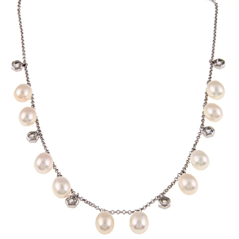 double chain necklace for men -DaVonna Silver White Freshwater Pearl and Topaz Stones 16-inch Necklace (7.5-8 mm) - White/Silver