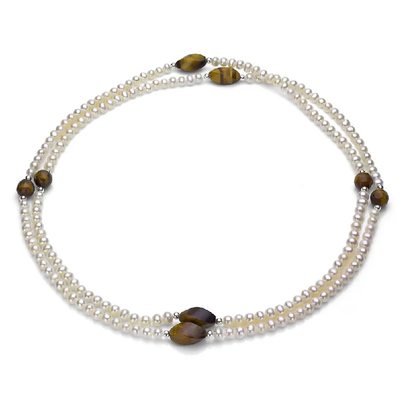 initial necklace for women -DaVonna Silver White FW Pearl and Tiger's Eye 36-inch Endless Necklace (5 mm)