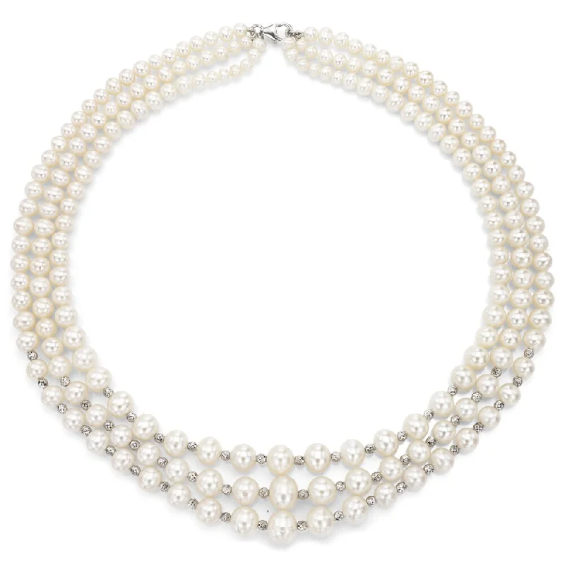 pearl and diamond necklace for women -DaVonna Sterling Silver 3-row Graduated 4-8.5mm White Freshwater Cultured Pearl and Pyramid Beads Necklace