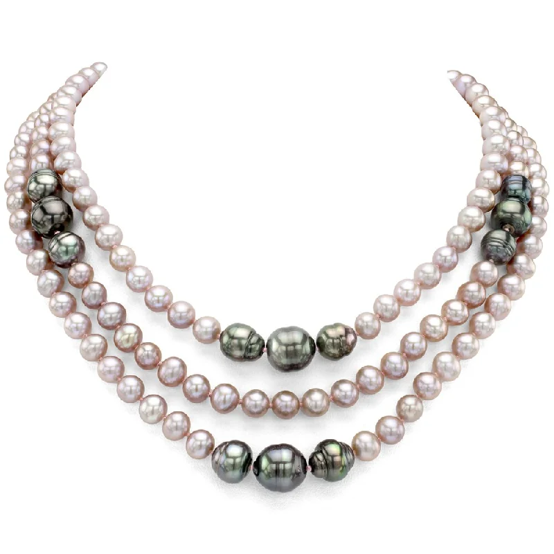 birthstone necklace for birthday gifts -DaVonna Sterling Silver Black Tahitian and Pink Freshwater Pearl 3-row Necklace