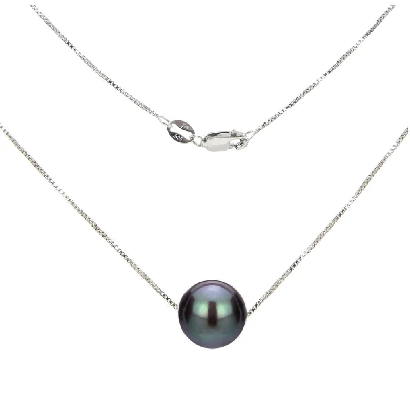 personalized pendant necklace for moms -DaVonna Sterling Silver Box Chain with Black Round Freshwater Pearl Pendant Necklace (11-12mm)