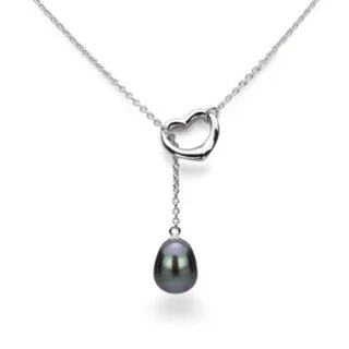 gothic style necklace for men -DaVonna Sterling Silver Chain 9-10mm Black Freshwater Pearl Open-Heart Pendant Y Necklace 18"