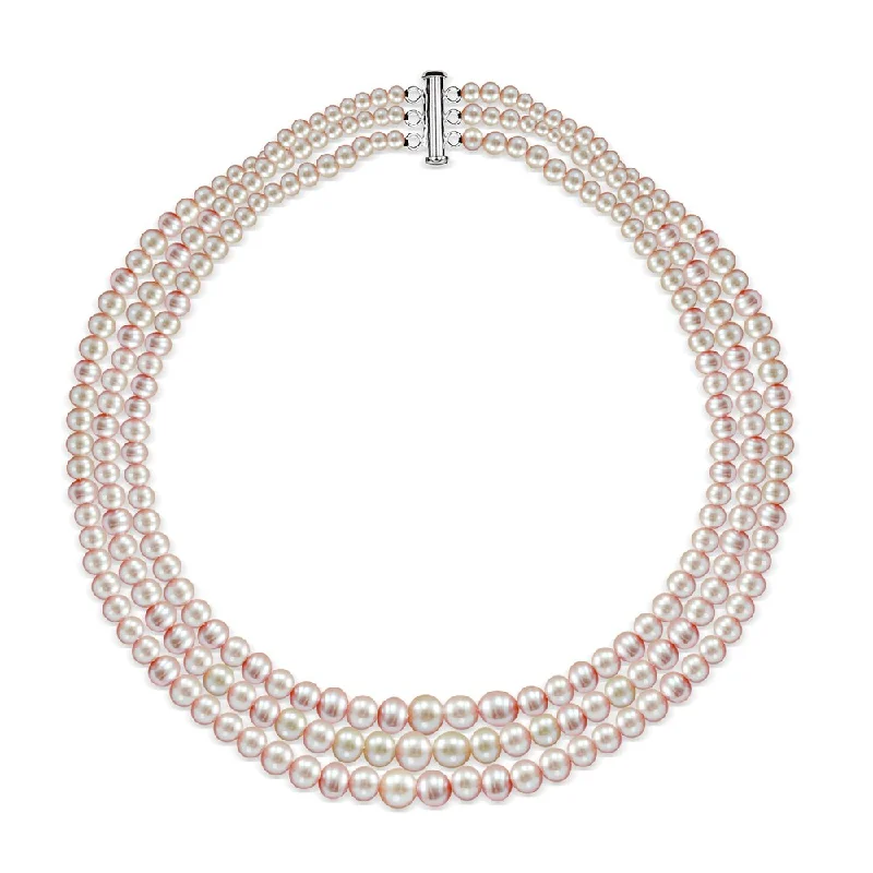 simple chain necklace for women -DaVonna Sterling Silver Graduated 4-8.5mm Pink Freshwater Pearl 3-rows Choker Necklace, 16"