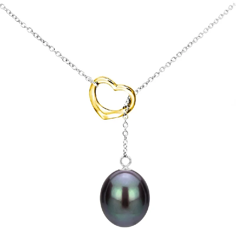 diamond pendant necklace -DaVonna Sterling Silver Open Heart Shape Chain Lariat Necklace with 9-10mm Black Freshwater Cultured Pearl