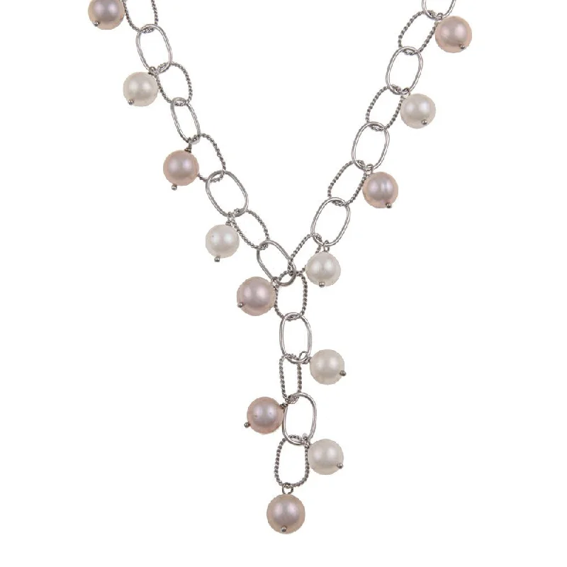 sterling silver necklace for men -DaVonna Sterling Silver Pink and White Freshwater Pearl Link Necklace 16-inch