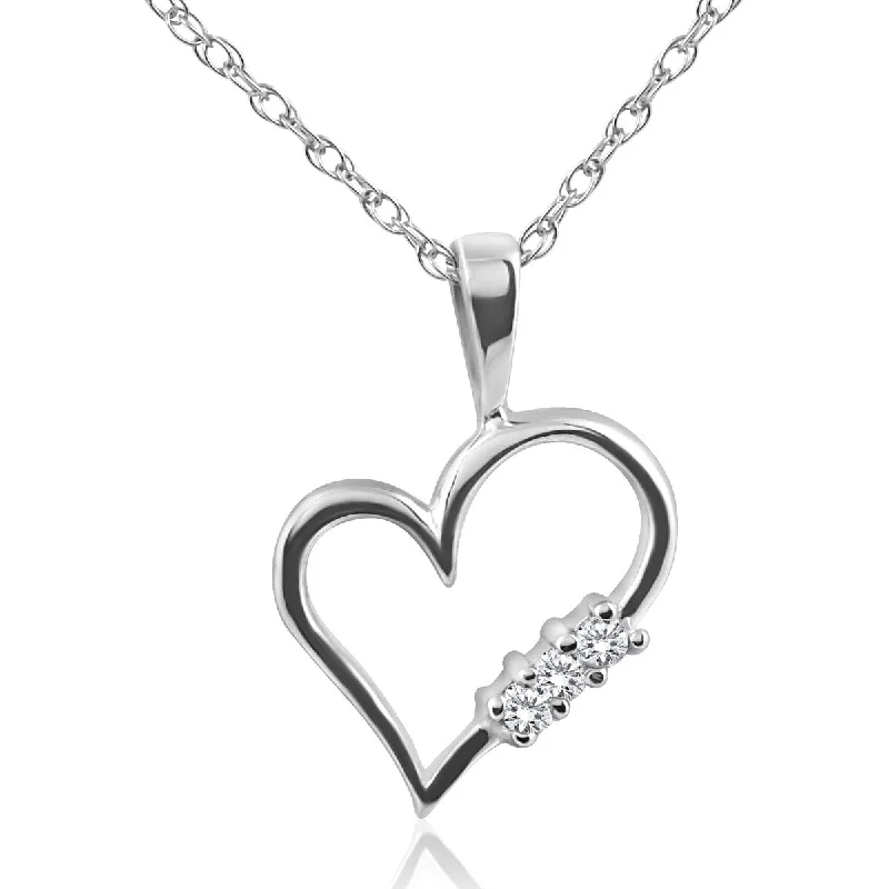 leather cord necklace for men -Diamond Heart Pendant 3-Stone 10K White, Yellow, or Rose Gold With 18" Chain - White