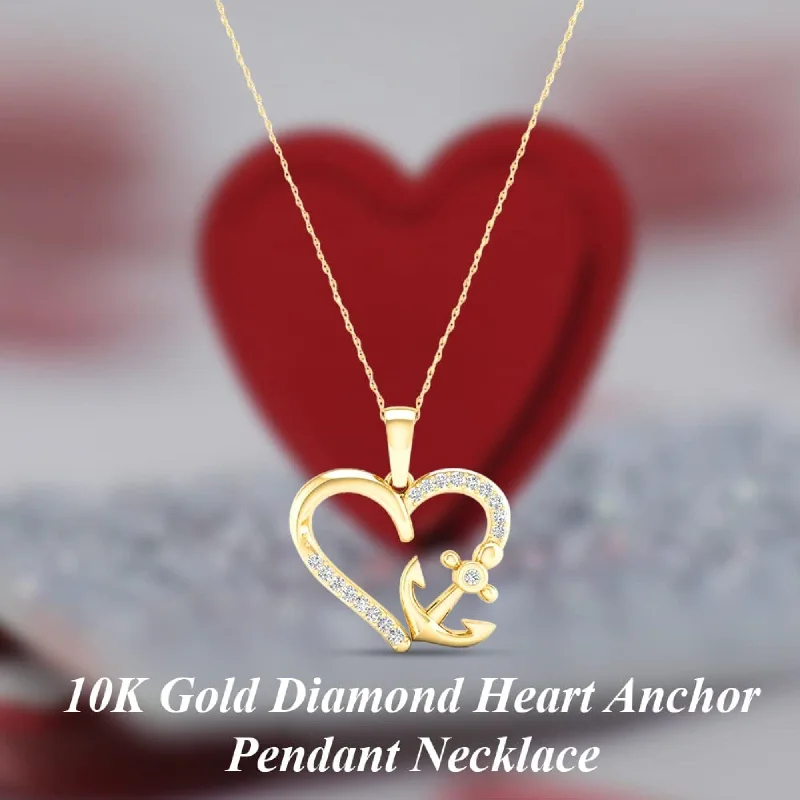 pendant necklace for layering -Diamond2Deal 10K Gold Diamond Heart Anchor Rope Chain Pendant Necklace for Women 18" (1/10Ct/ I2,H-I)