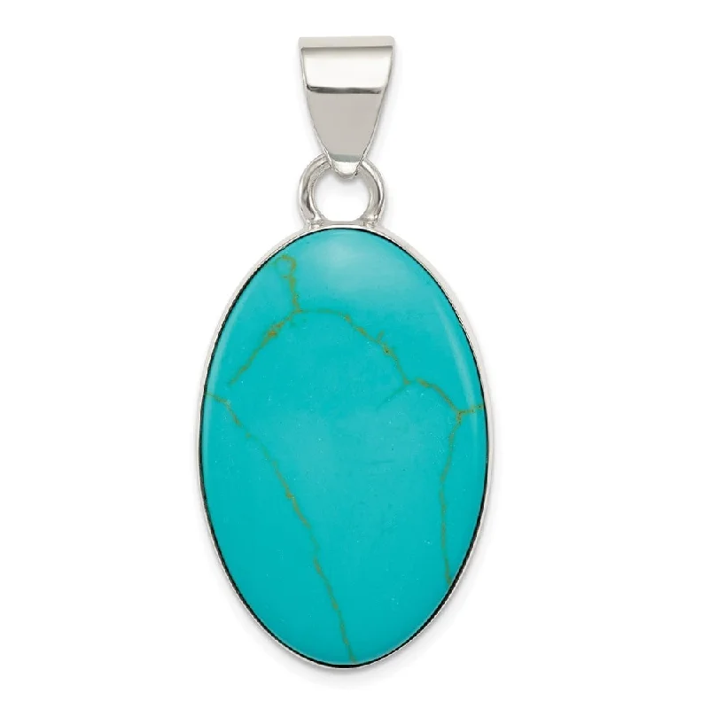 small pendant necklace for men -Diamond2Deal 925 Sterling Silver Turquoise Polished Oval Pendant (L- 42 mm, W- 20 mm)