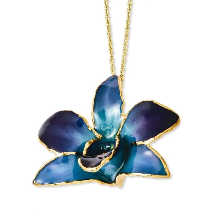 anniversary gift necklace for her -Lacquer Dipped Gold Trimmed Blue and Purple Dendrobium Real Orchid Necklace