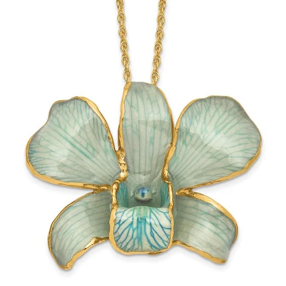 oval pendant necklace for women -Lacquer Dipped Gold Trimmed Blue Dendrobium Real Orchid 20" Necklace