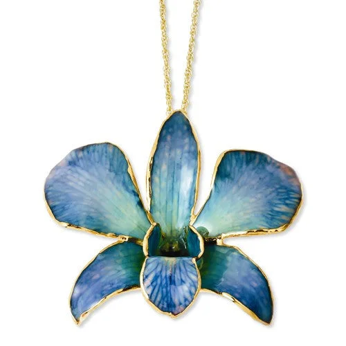 sterling silver heart pendant for women -Lacquer Dipped 24k Gold Trimmed Blue/Purple Dendrobium Orchid 20" Necklace