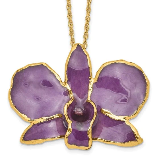 rose gold necklace for bridesmaids -Lacquer Dipped 24k Gold Trimmed Purple Dendrobium Orchid 20" Necklace