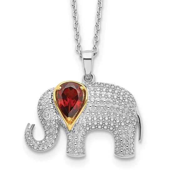 leather cord necklace for men -Sterling Silver & 14k Gold Garnet And Diamond Elephant Necklace