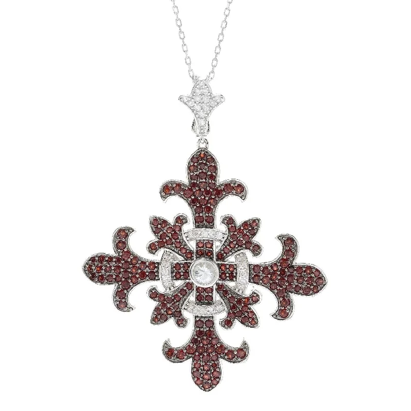 moon pendant necklace for women -Sterling Silver 5.35ctw Garnet & White Zircon Cross Enhancer Pendant w/ Chain